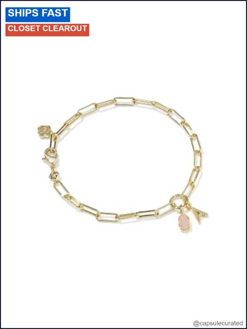 Gold Plated Paperclip Chain Bracelet Rose Quartz Initial Charm Adjustable